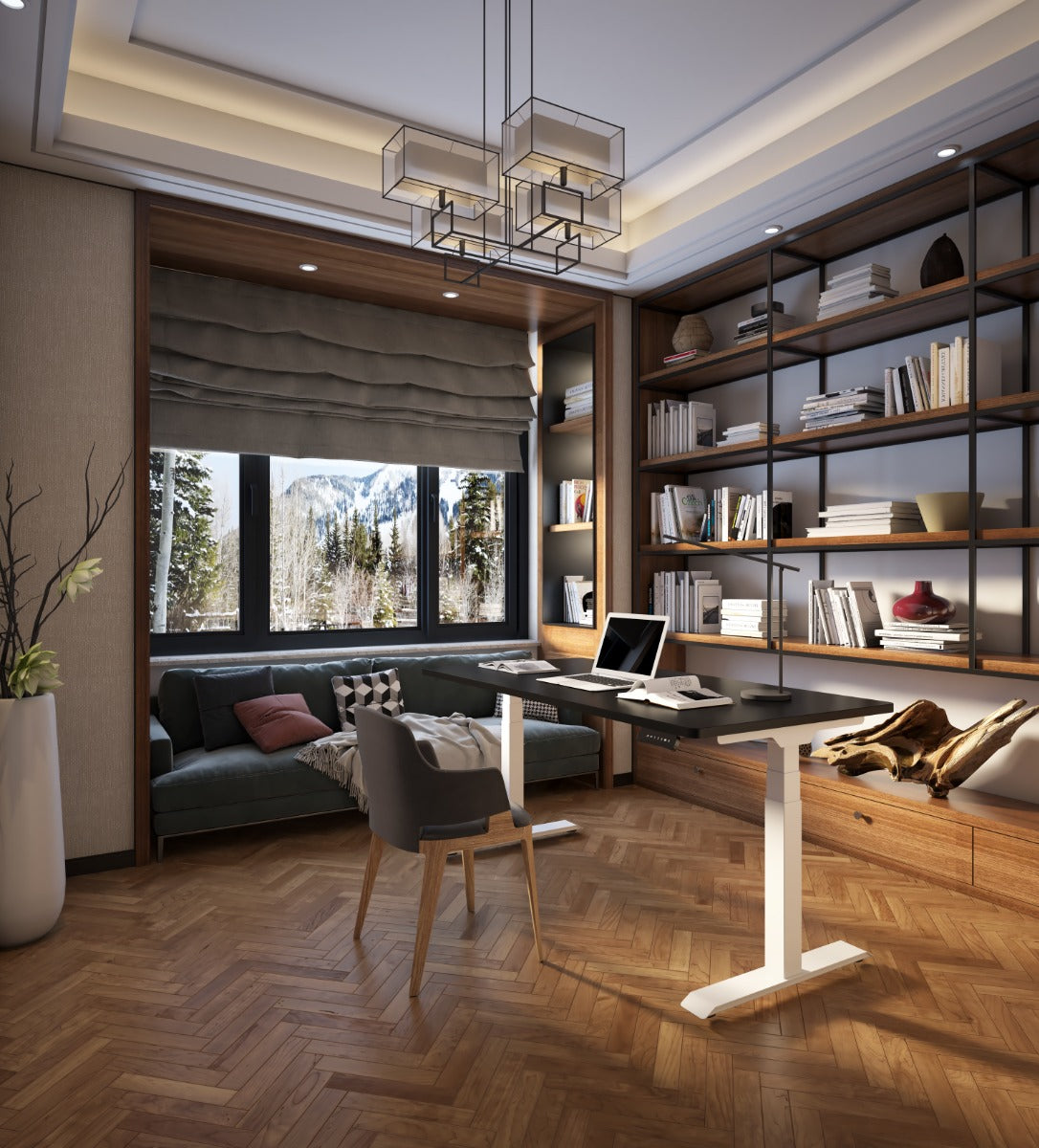 A render of the desk being used in a luxury home office