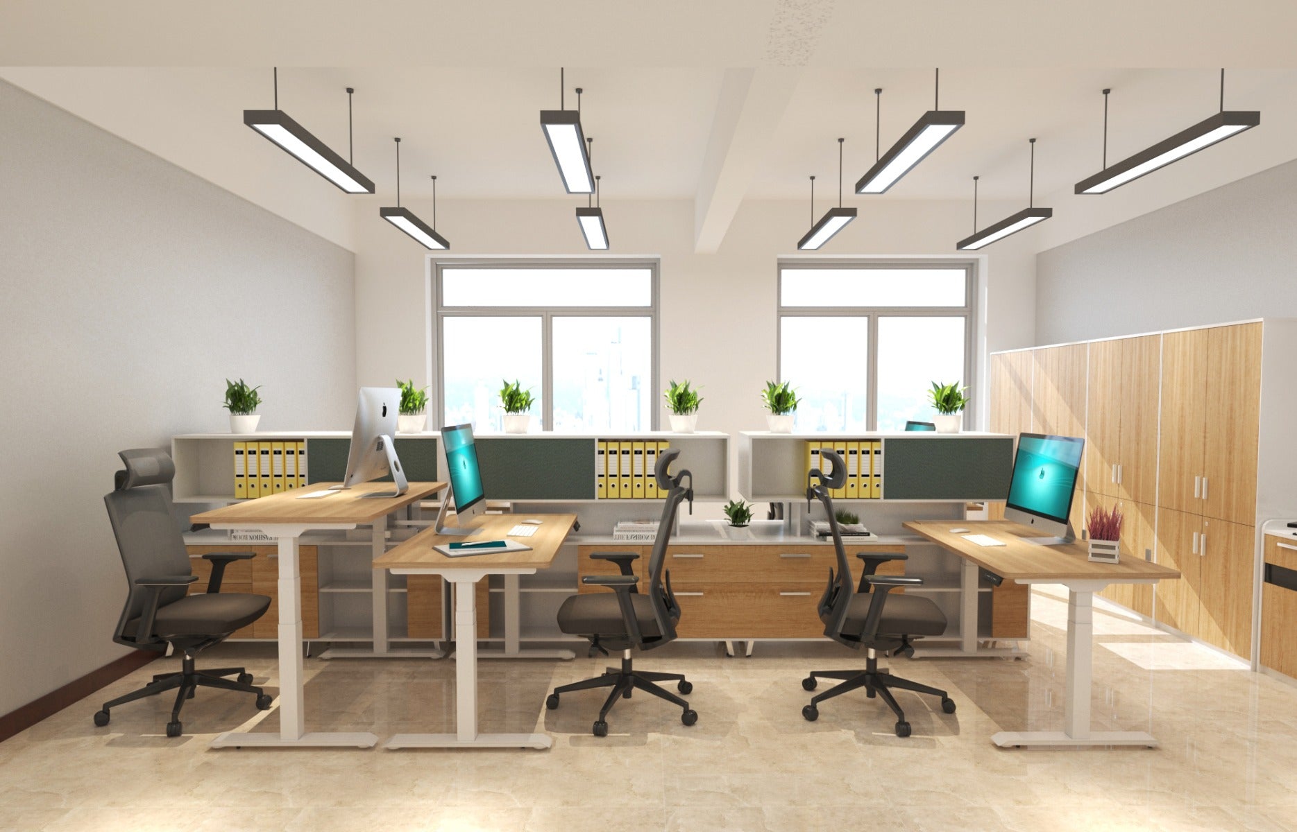 A render of the desk in an office